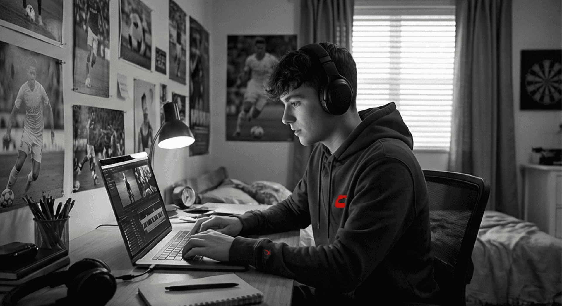 Male creator working on a laptop with a red club patch