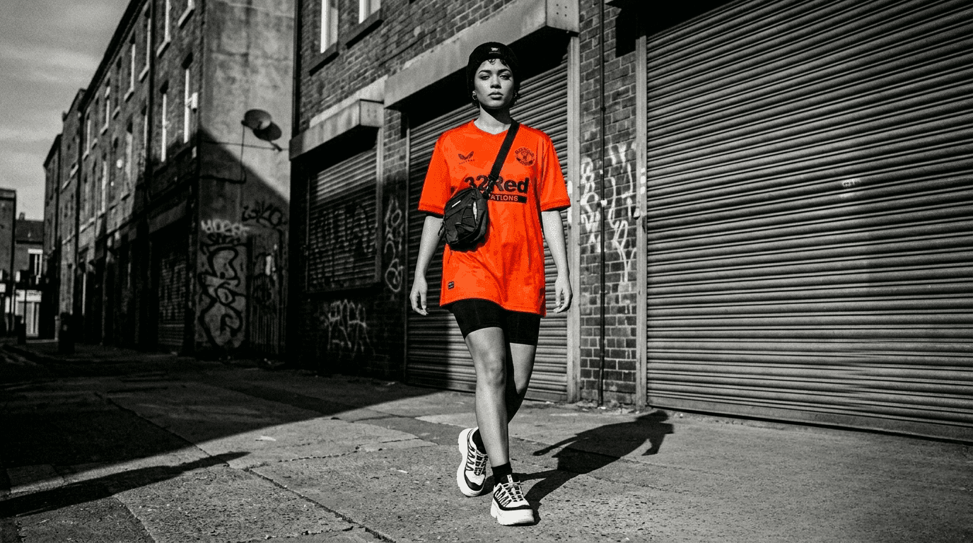 Female fan walking in a red club shirt