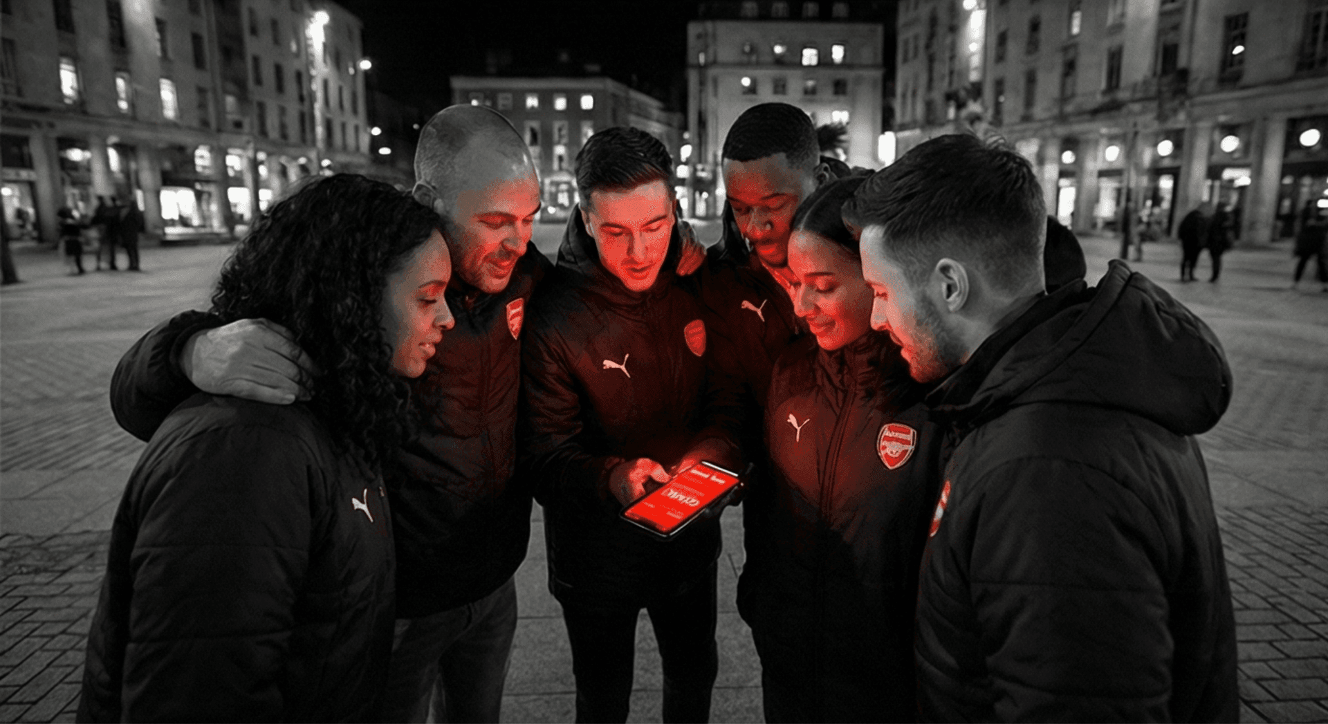 Group of sports superfans gathered around a phone